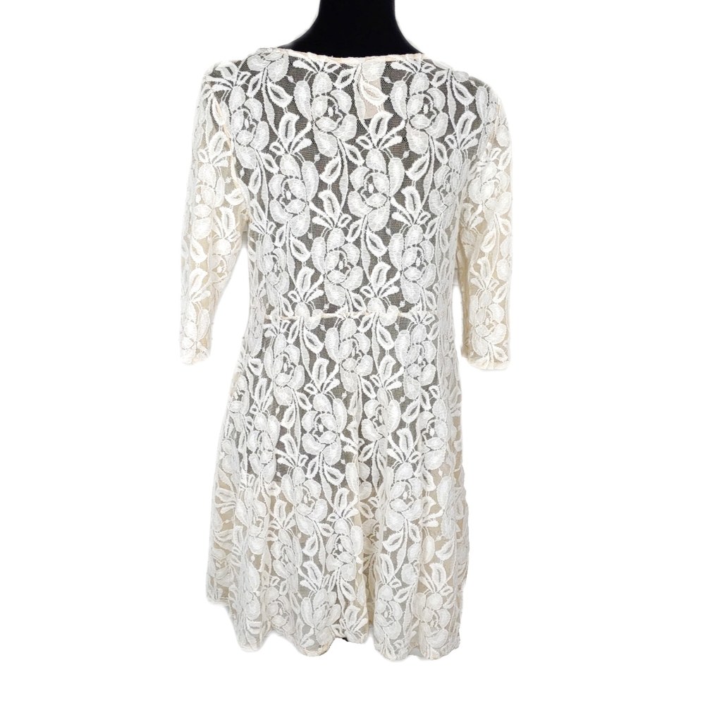 Free People EUC Wmn M Ivory Lace Overlay 3/4 Sleeves Skater Dress - Picture 6 of 6
